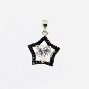 Brand New Sterling Silver 925 Star Pendant with White Heart-Shaped Crystal & Bla
